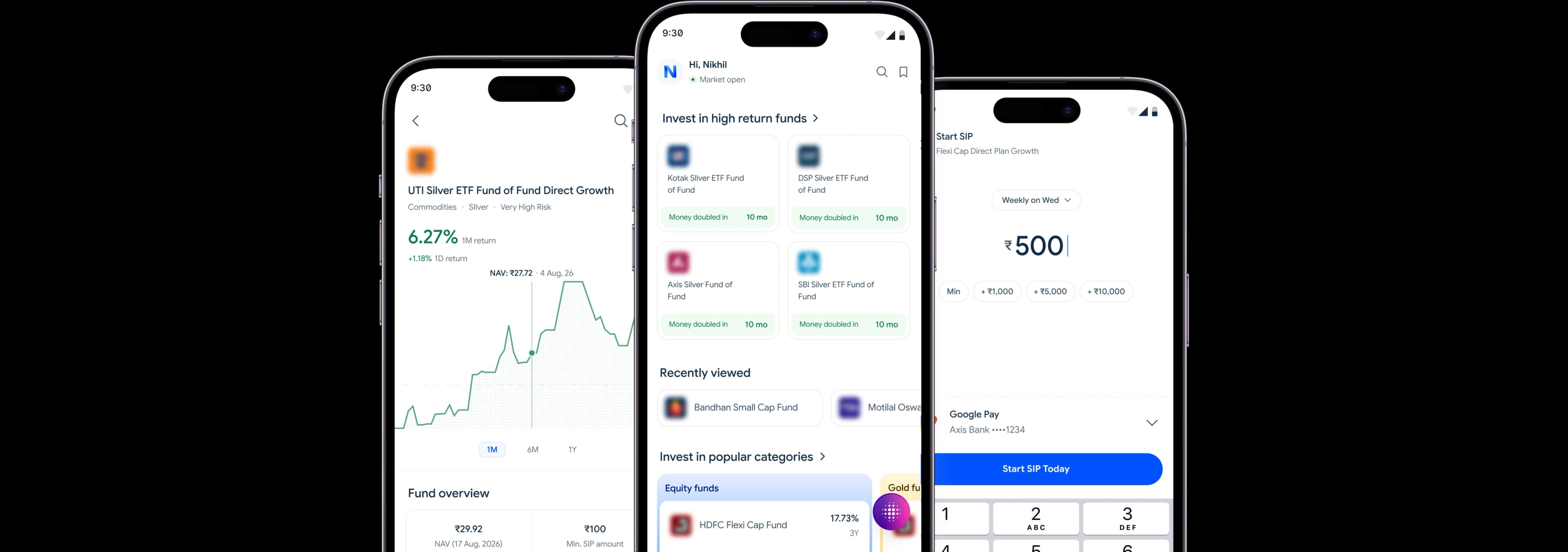 DreamStreet app showing mutual fund exploration, fund detail, and SIP setup